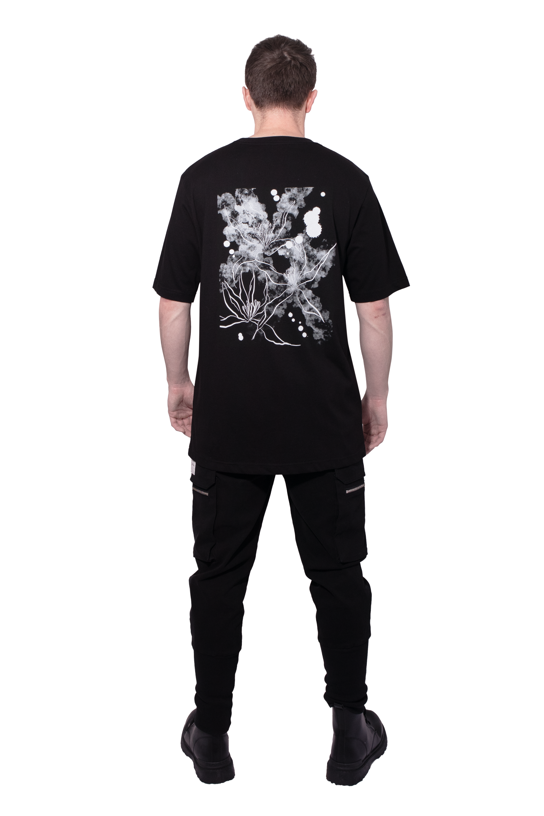 Black t-shirt with an abstract white floral design on the back